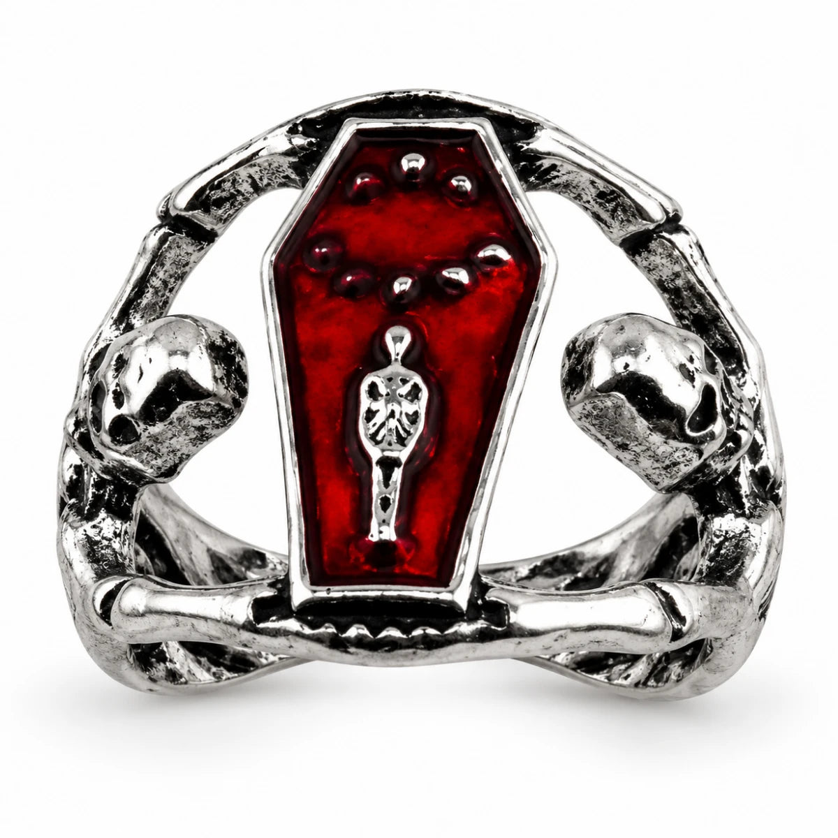Anillo Ataúd Rojo con Calaveras Plateado