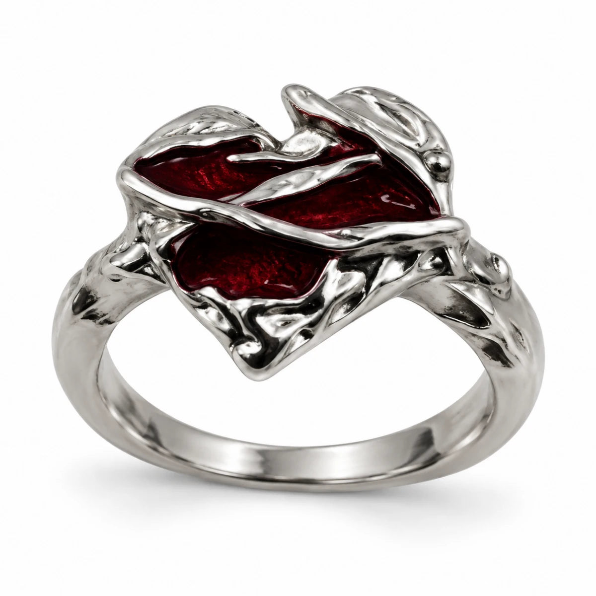 Anillo Corazón Petrificado Rojo Plateado