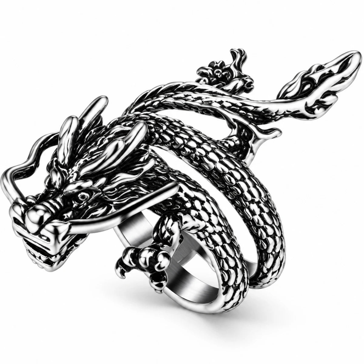 Anillo Dragón Oriental Enroscado Plateado