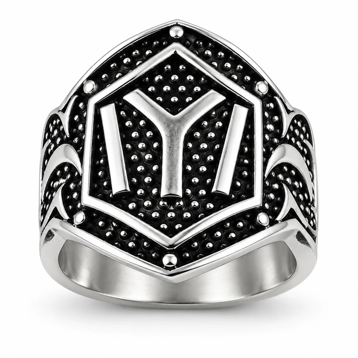 Anillo Emblema Geométrico Plateado
