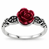 Anillo Rosa Roja Ornamentada Plateado