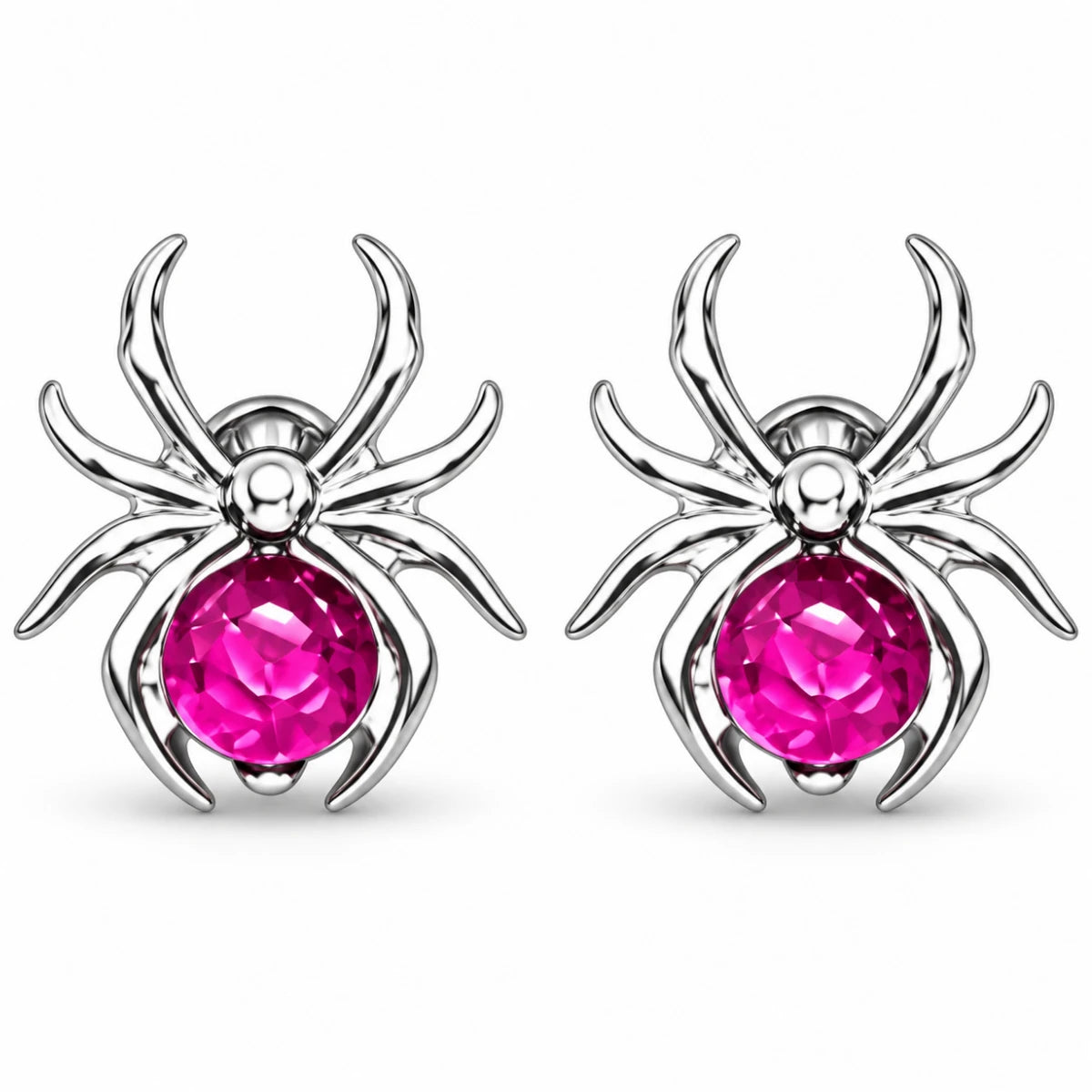 Aretes Araña Plateada con Piedra Fucsia