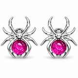 Aretes Araña Plateada con Piedra Fucsia