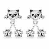 Aretes Gato Plateado con Patitas Colgantes