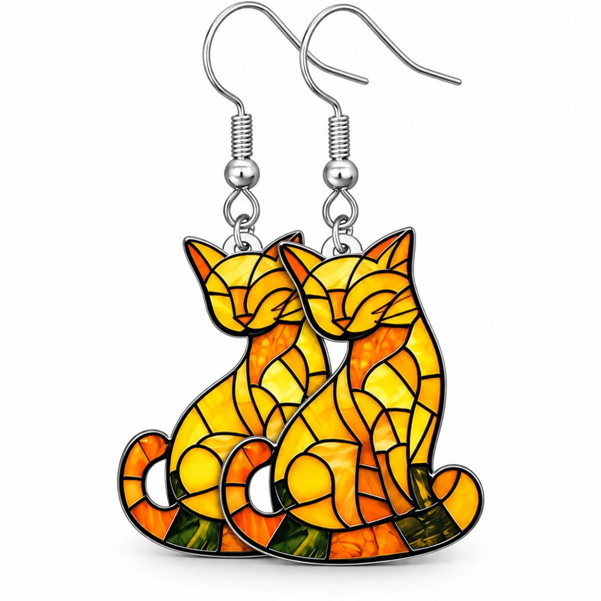 Aretes Gato Vitral Amarillo y Naranja