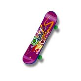 Mini patineta con diseño Explosión Pop en tonos púrpura, naranja y círculos brillantes