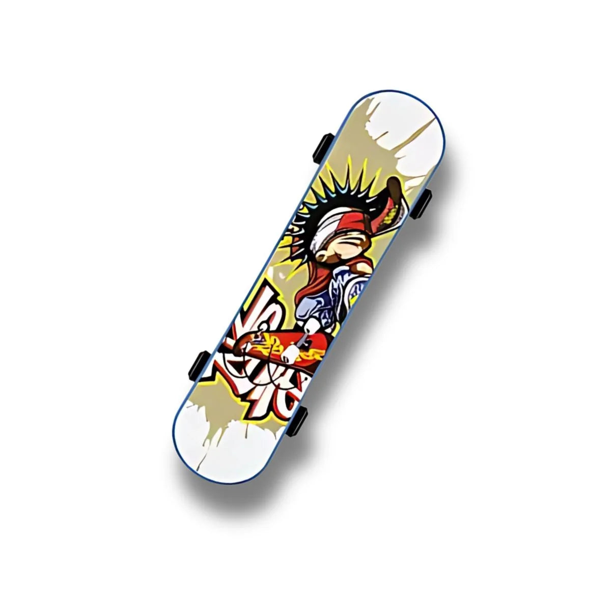 Mini patineta con diseño Punk Skate de personaje con cresta y fondo amarillo