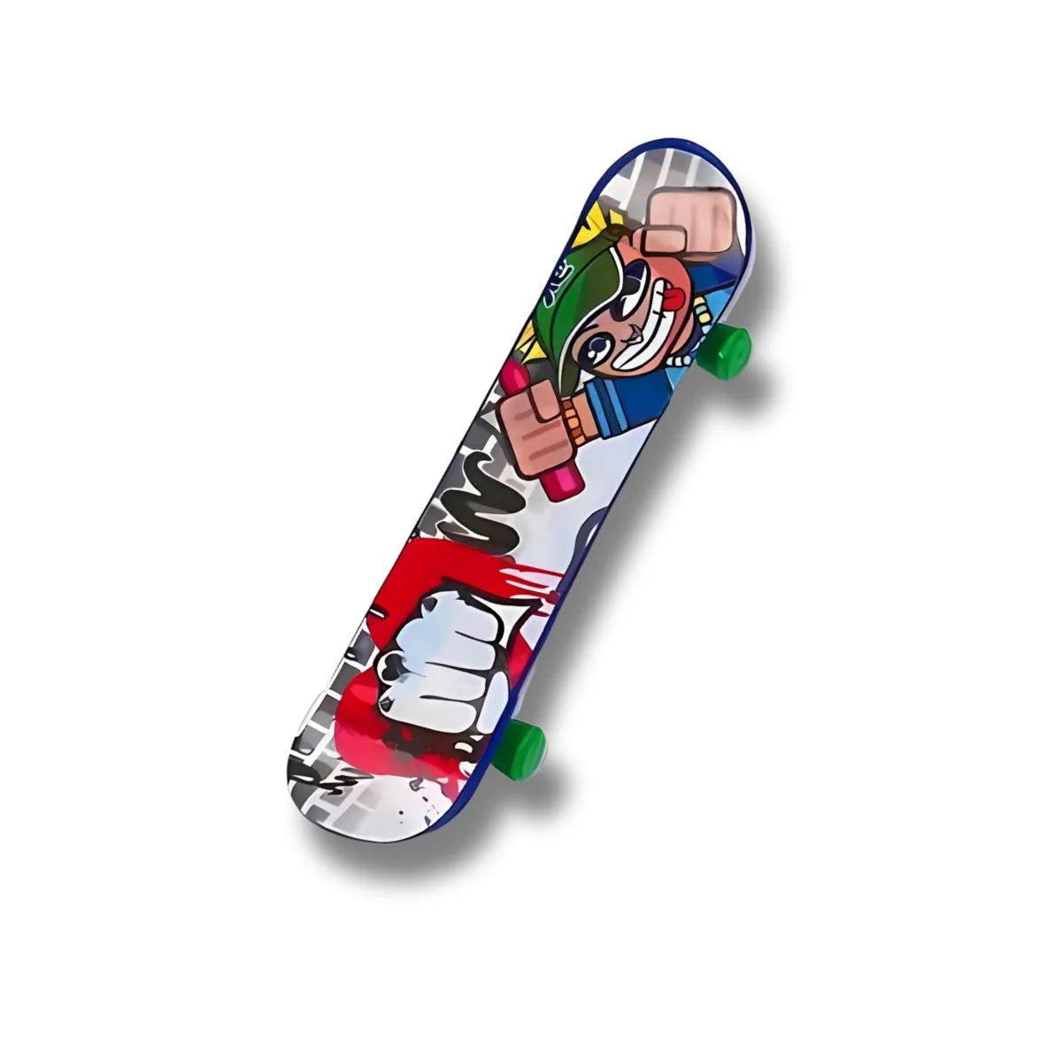 Mini patineta con diseño Puño Rebelde y personaje con gorra – fondo de muro