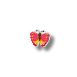 Parche bordado de mariposa con alas rosa fuerte y amarillo, diseño central marrón y borde blanco.