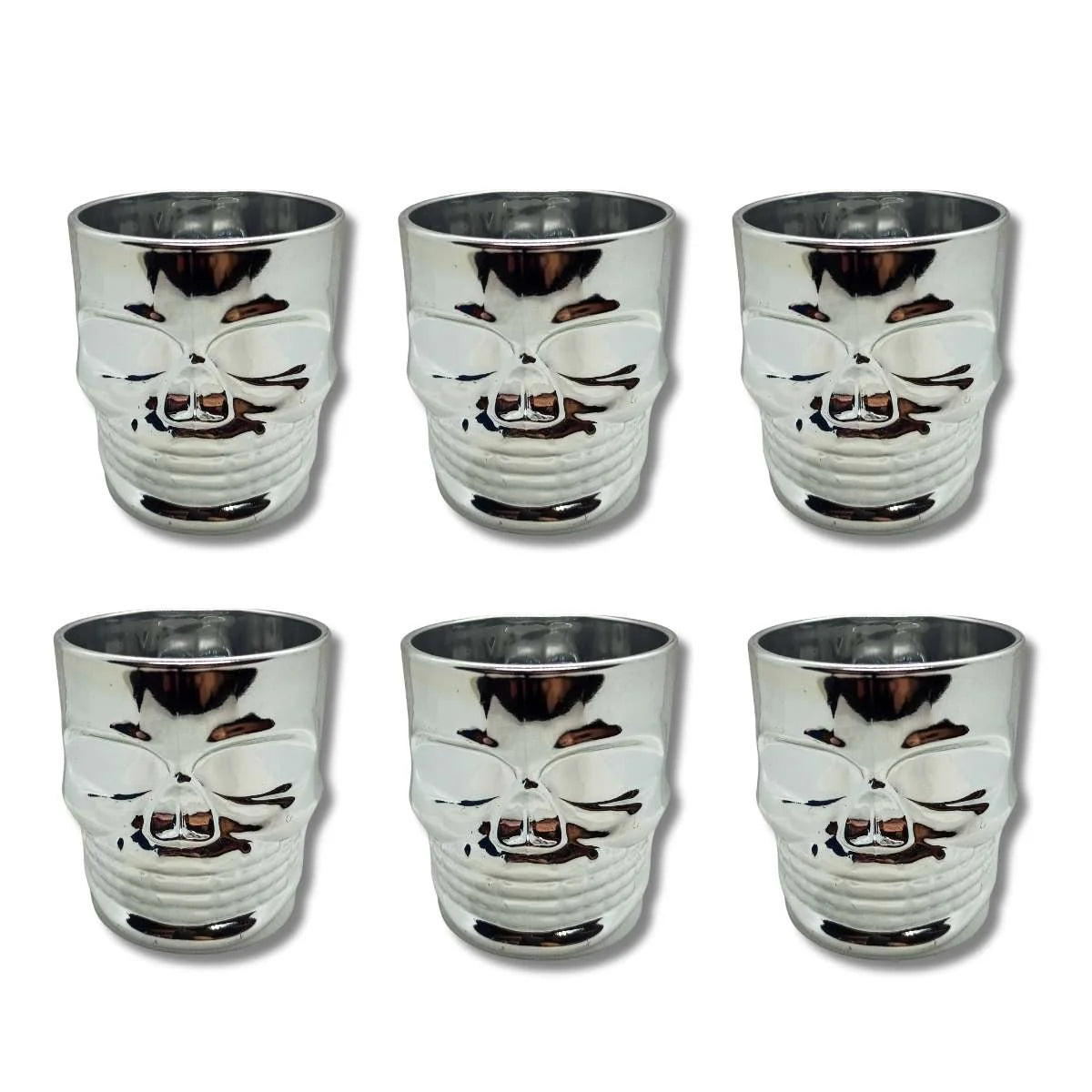 Vaso Whiskero Calavera 290 ml Plateado (1 Unidad o Set x 6 Vasos)) Exhibidos