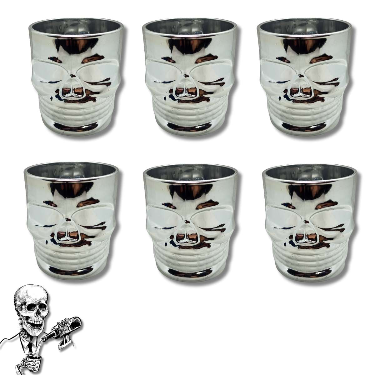 Vaso Whiskero Calavera 290 ml Plateado (1 Unidad o Set x 6 Vasos)