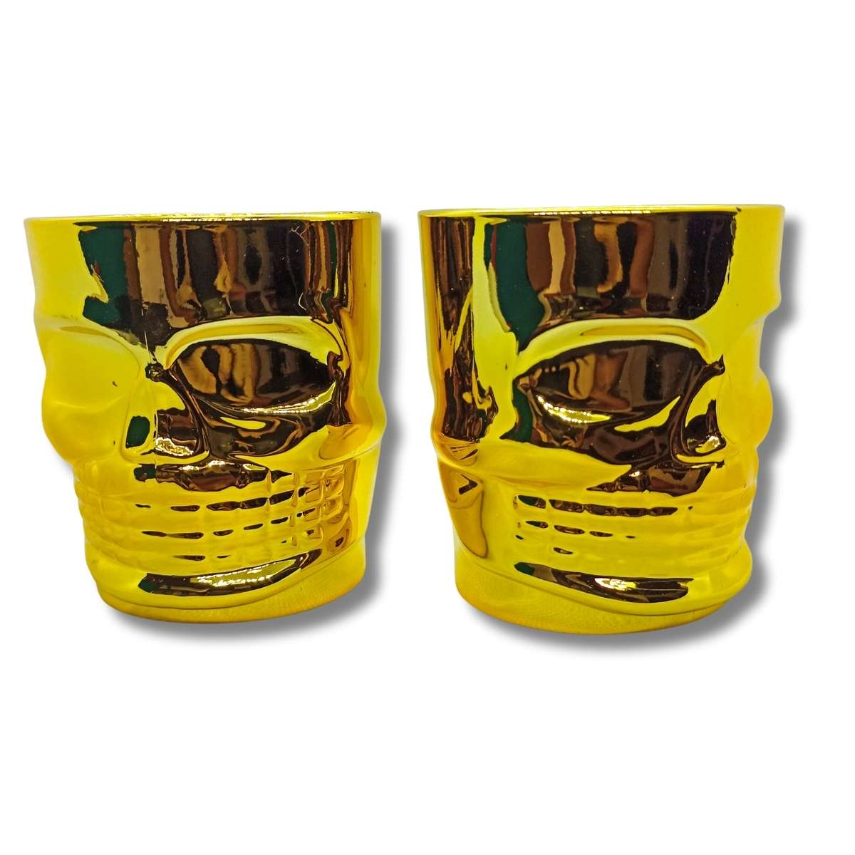 2 Vasos Whiskero Calavera 290 ml Dorado Entero (1 Unidad o Set x 6 Vasos) Angulo derecho e izquierdo