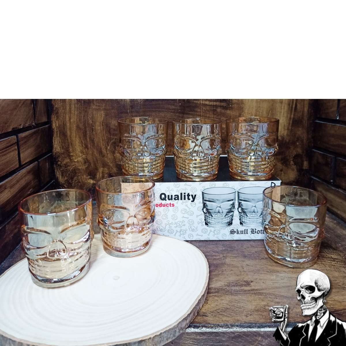 Vaso Whiskero Calavera 290 ml Dorado set 6 unidades