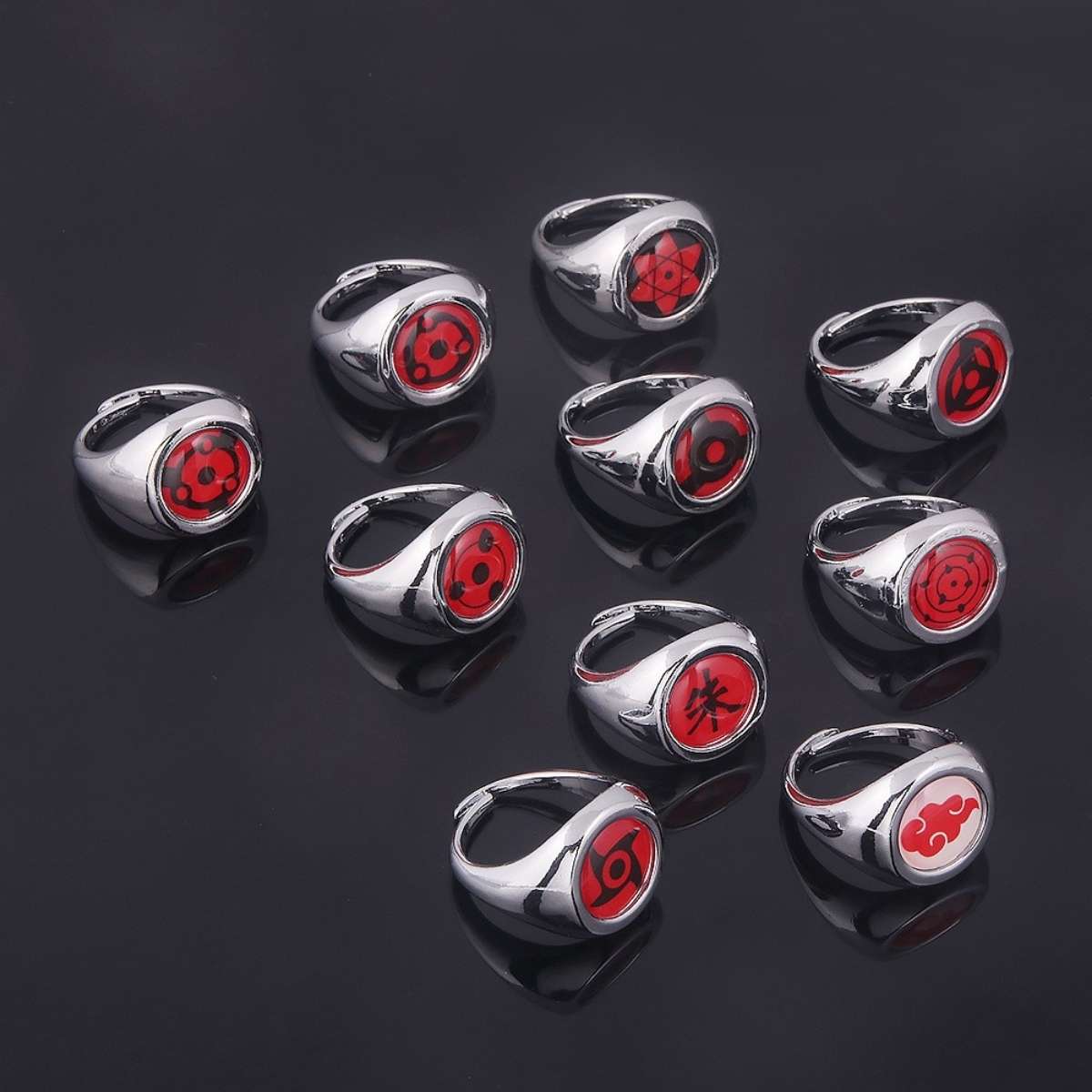 Set 10 Anillos Naruto Plateados color rojo