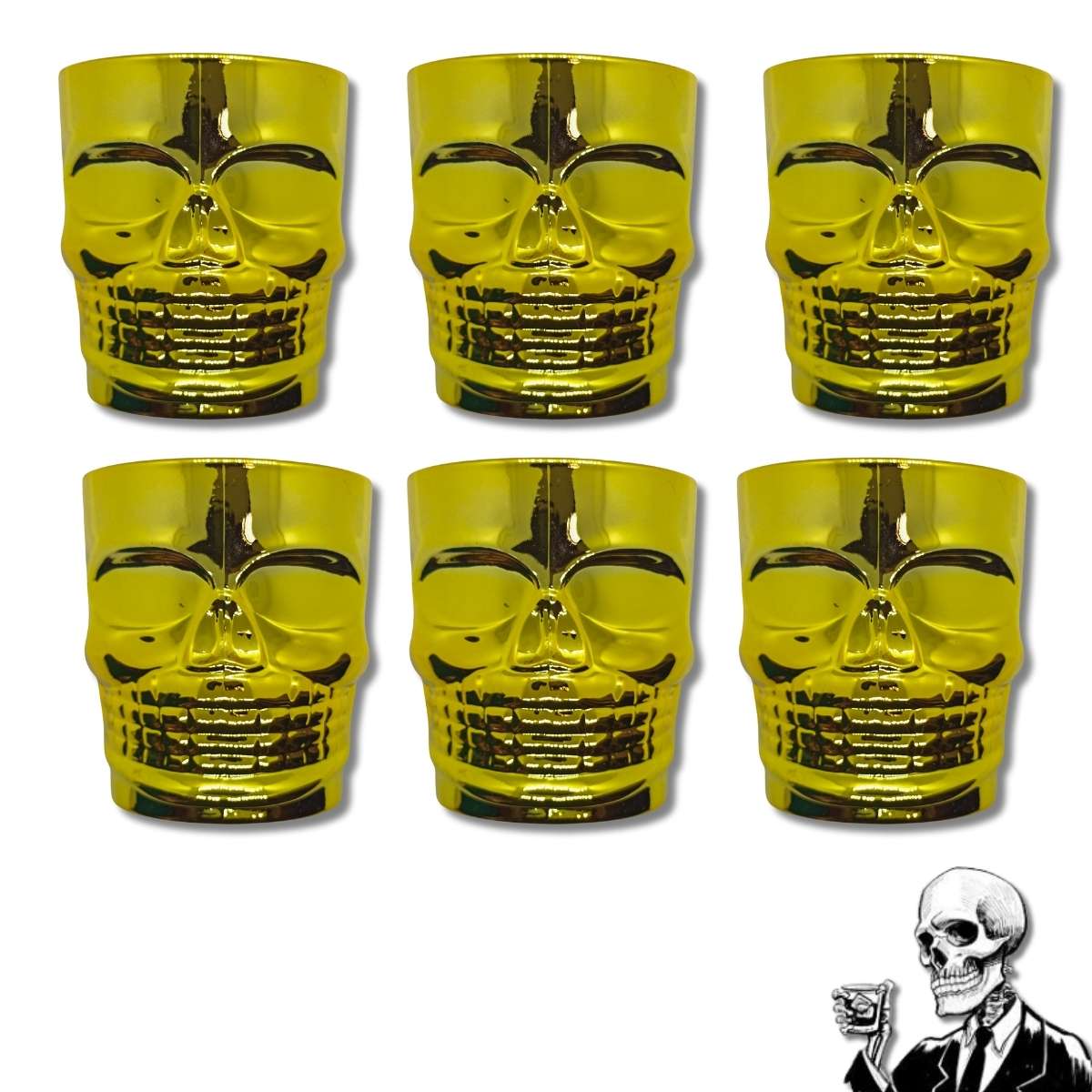 Vaso Whiskero Calavera 290 ml Dorado Entero (1 Unidad o Set x 6 Vasos)