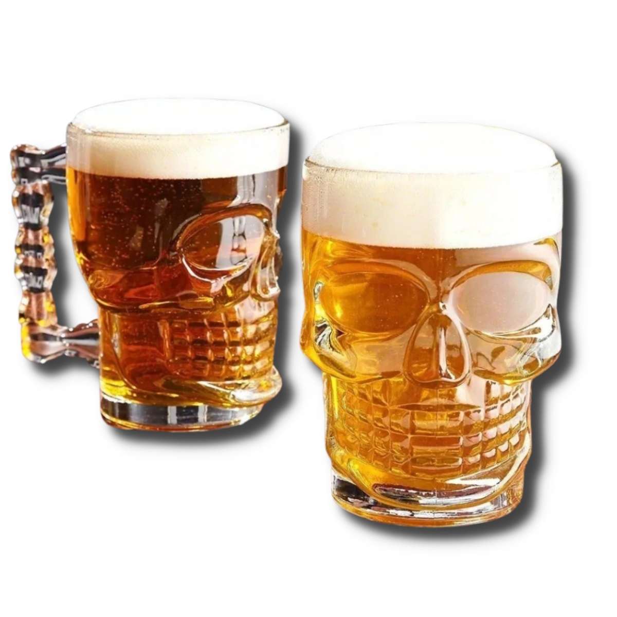 Vaso Cervecero de Calavera con  Bebida Vista Frontal y Lateral Izquierda