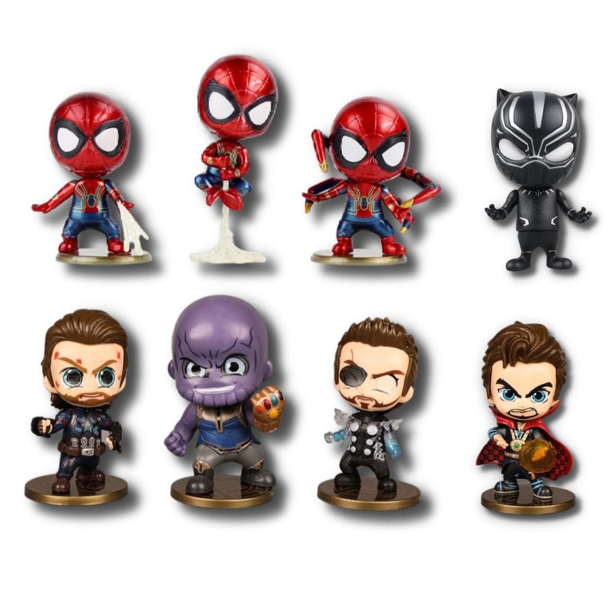 Figuras Avengers Cabezones Infinity War x 8 Unidades sobre base dorada