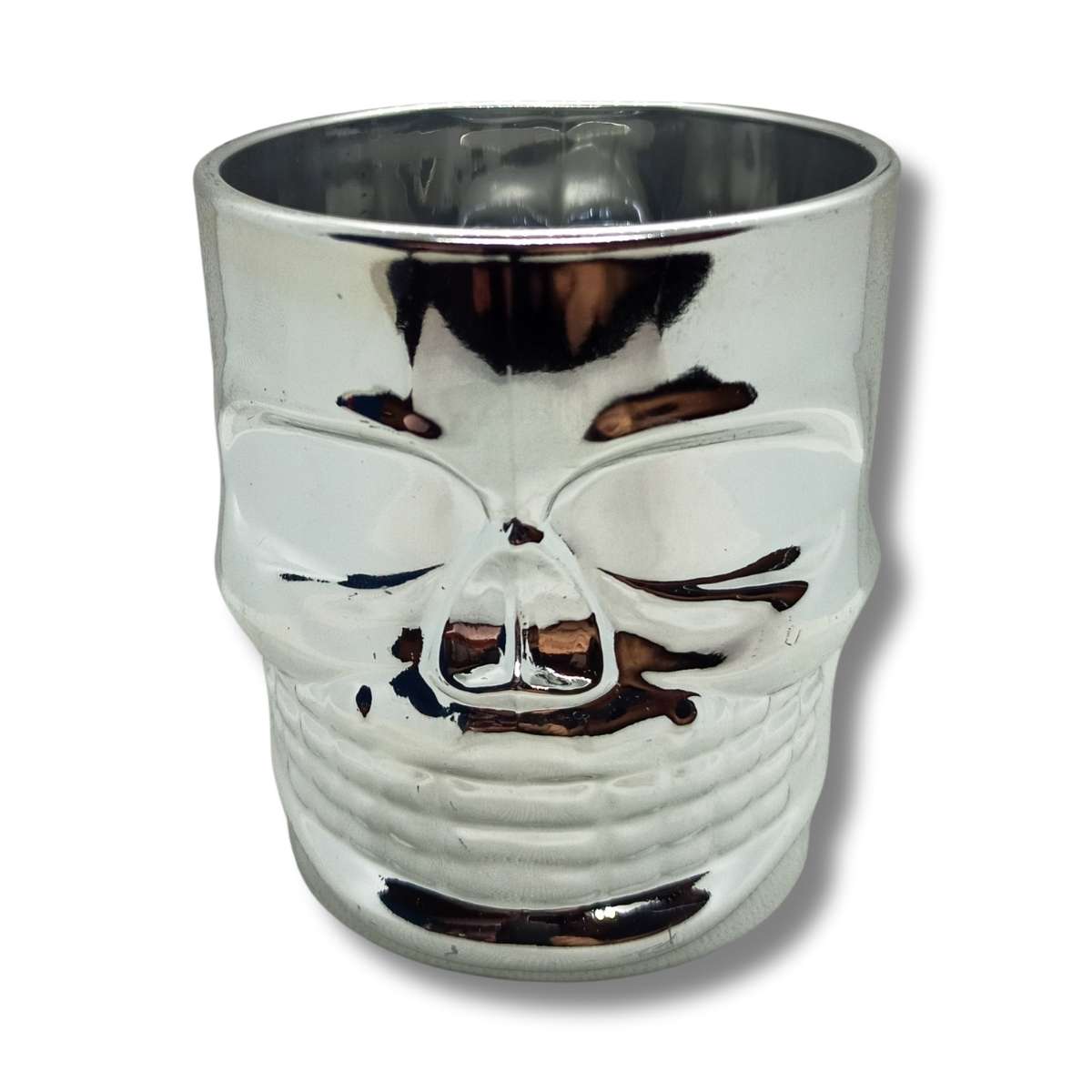 Vaso Whiskero Calavera 290 ml Plateado (1 Unidad o Set x 6 Vasos)) Inclinado hacia abajo