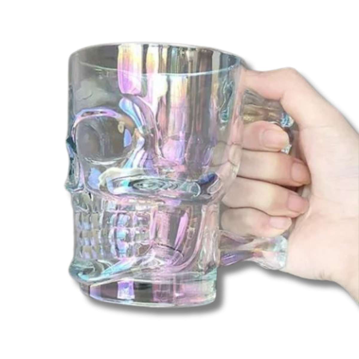 Vaso Cervecero Calavera 500 ml Tornasol (Unidad o Set x 2) Exhibido en mano angulo derecho