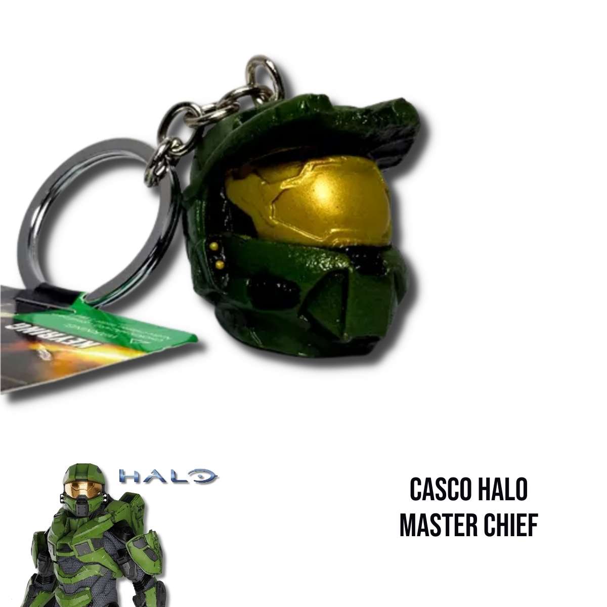 Llavero Casco Halo Master Chief vista frontal con imagen tematica