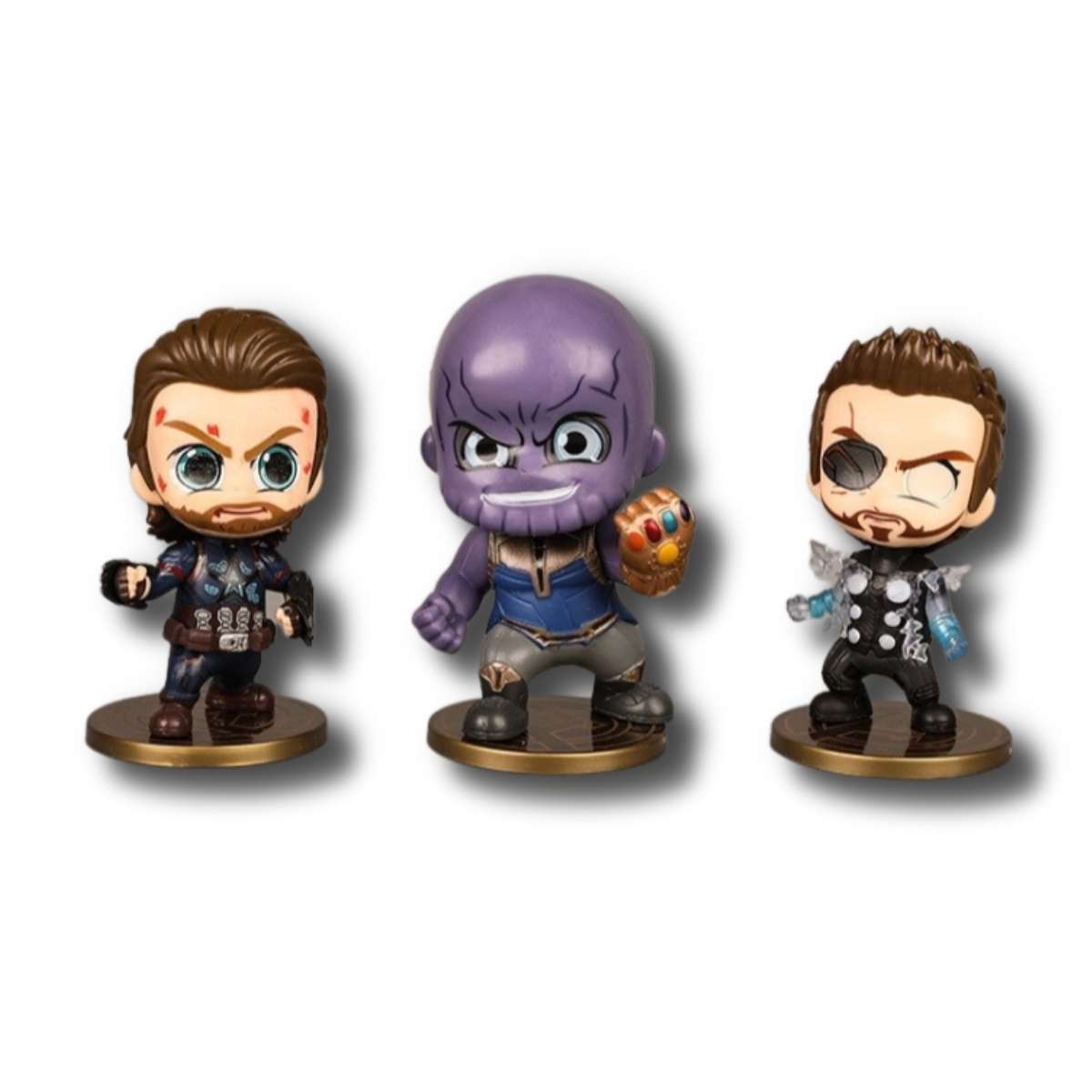 Figuras Avengers Cabezones Infinity Thanos, Capitan America y Doctor Strange