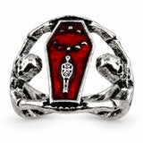 Anillo Ataúd Rojo con Calaveras Plateado