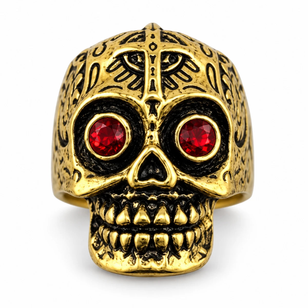 Anillo Calavera Egipcia Dorada con Ojos Rojos
