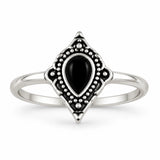 Anillo Gótico Lágrima Negra Ornamentada Plateado