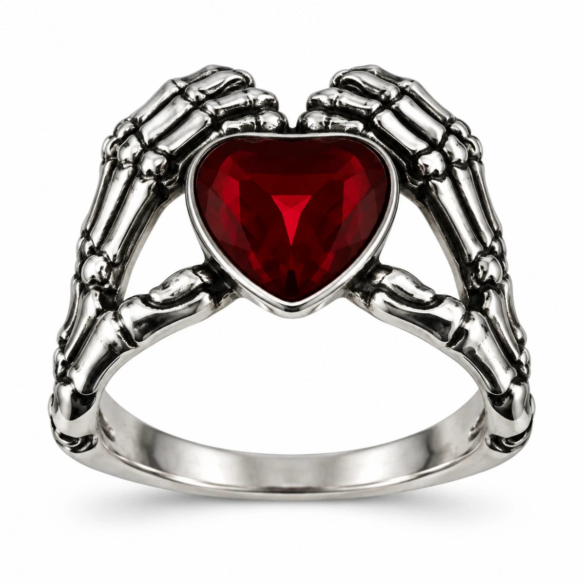 Anillo Manos Esqueléticas con Corazón Rojo