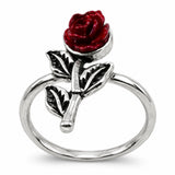Anillo Rosa Roja con Tallo Plateado