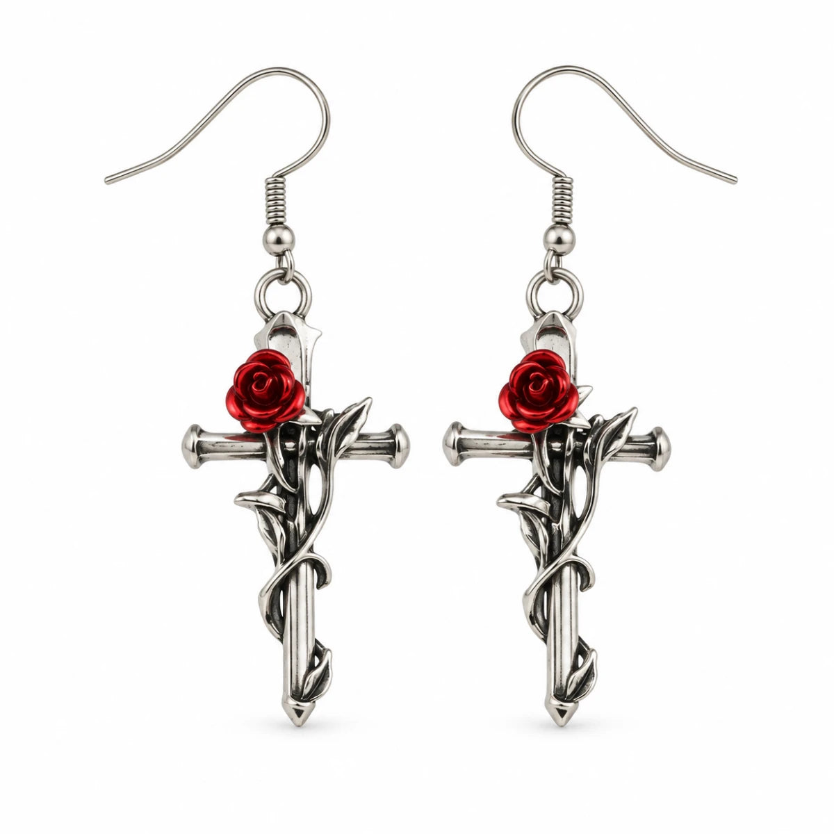 Aretes Cruz con Rosa Roja