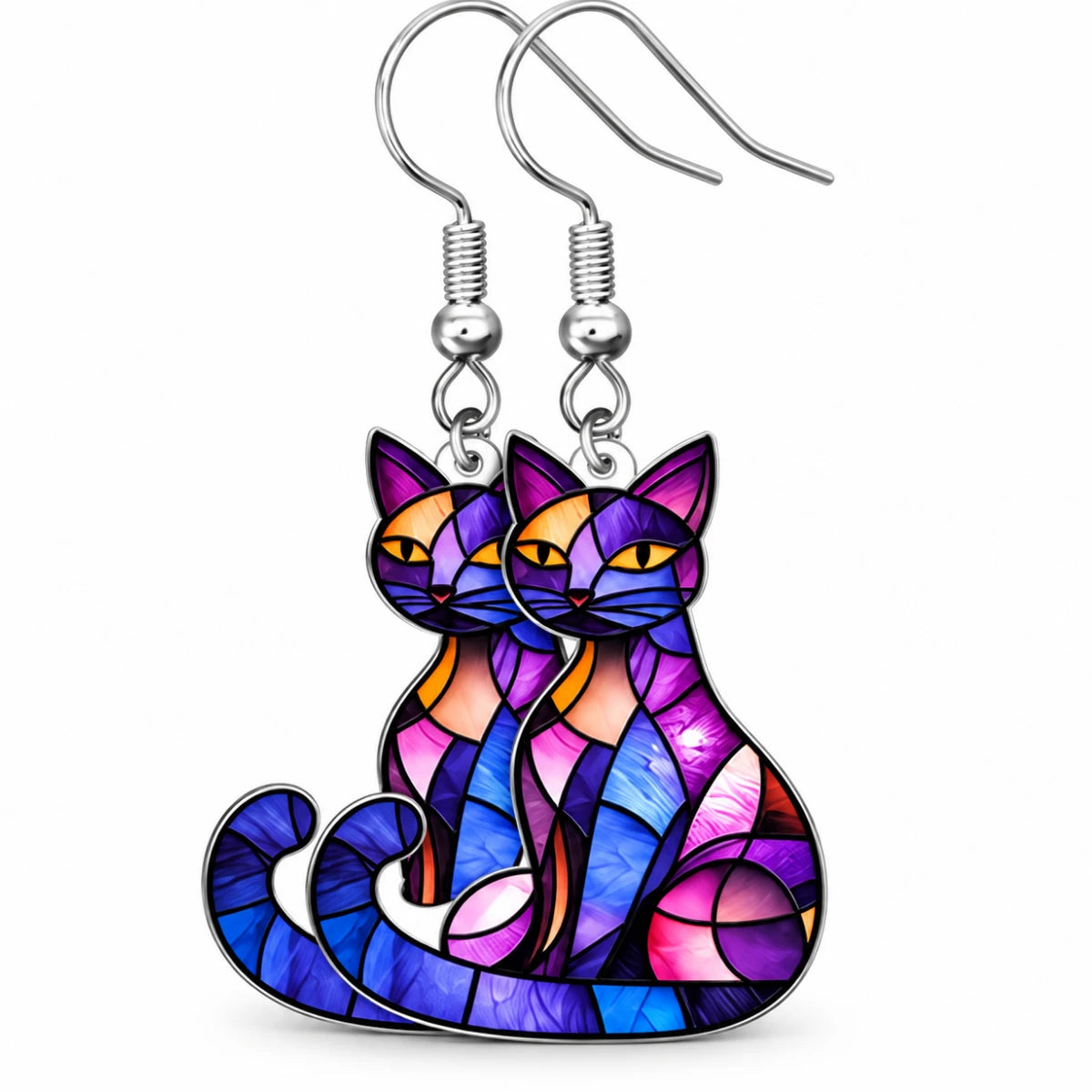 Aretes Gato Vitral Multicolor Morado y Azul