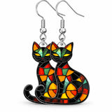 Aretes Gato Vitral Multicolor Negro y Naranja