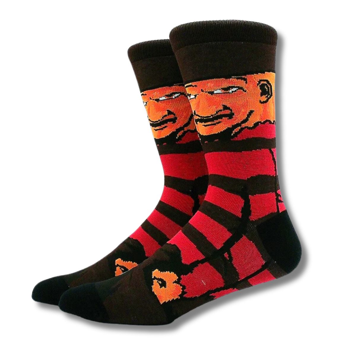 Calcetines largos con franjas rojas y negras y rostro de Freddy Krueger – inspirado en Pesadilla en Elm Street