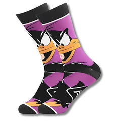 Calcetines largos con diseño de Pato Lucas en tonos morado y negro – estilo Looney Tunes