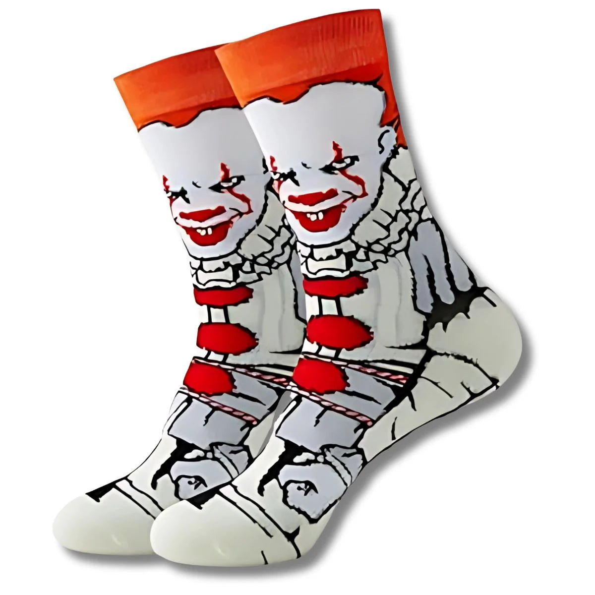 Calcetines largos con diseño de Pennywise en colores blanco, rojo y naranja – inspirado en IT