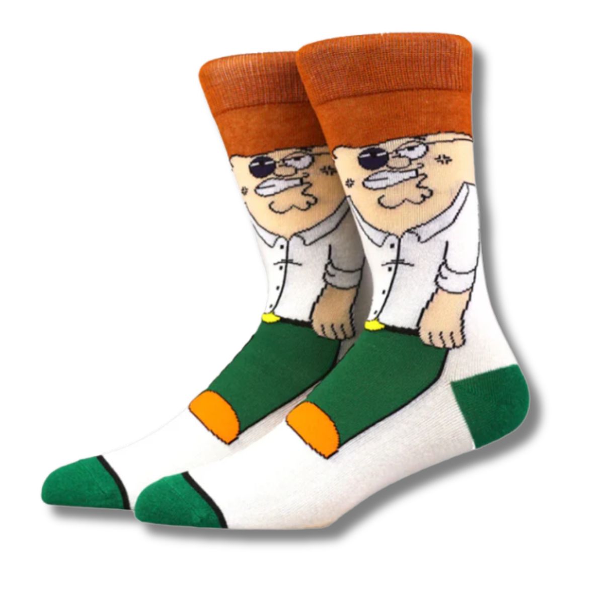 Calcetines largos con diseño de Peter Griffin en blanco, verde y naranja – estilo Family Guy
