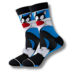 Calcetines largos con diseño de Silvestre en azul, rojo y blanco – inspirado en Looney Tunes