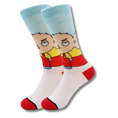 Calcetines largos con diseño de Stewie Griffin en rojo, amarillo y celeste – estilo Family Guy