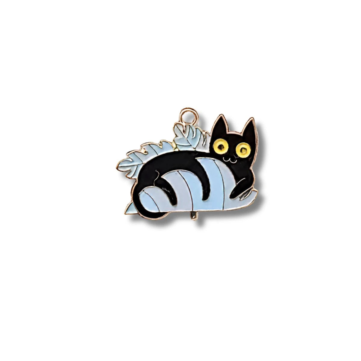Colgante Metálico Gatito Acostado en Hoja Azul