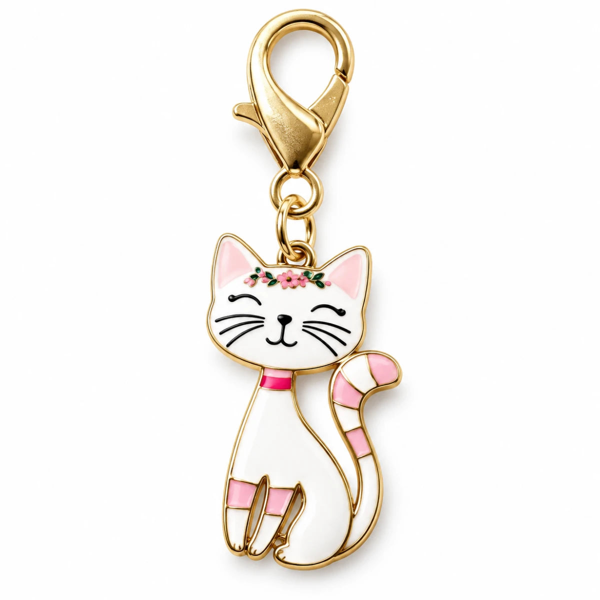 Colgante Metálico Gato Blanco Floral Rosa