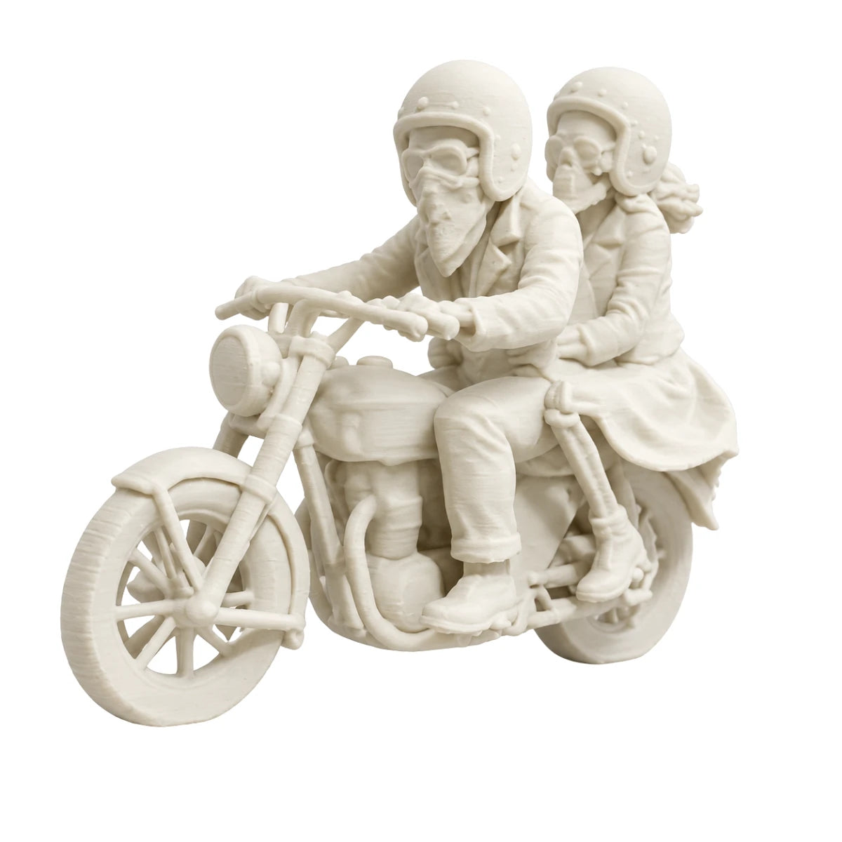 Figura 3D Pareja de Esqueletos Fósiles en Motocicleta 11.8 cm