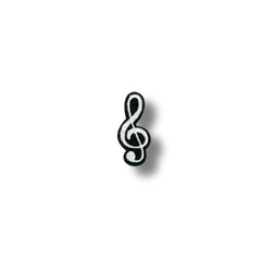 Parche bordado de clave de sol en blanco y negro, símbolo musical clásico.