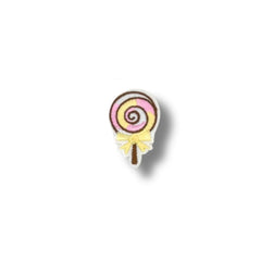 Parche bordado con forma de piruleta espiral en rosa y amarillo, decorado con lazo.