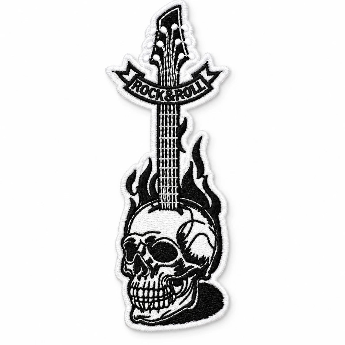 Parche Grande Camiseta Rock & Roll Calavera Guitarra en Llamas