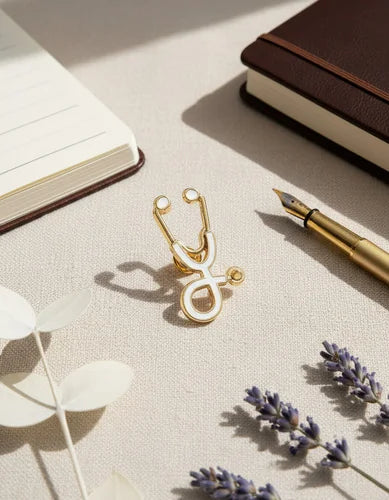 Pin Metálico Estetoscopio Blanco Dorado