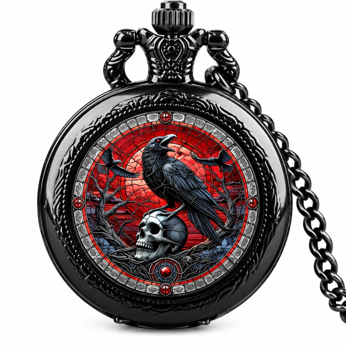 Reloj de Bolsillo Gótico Cuervo y Calavera