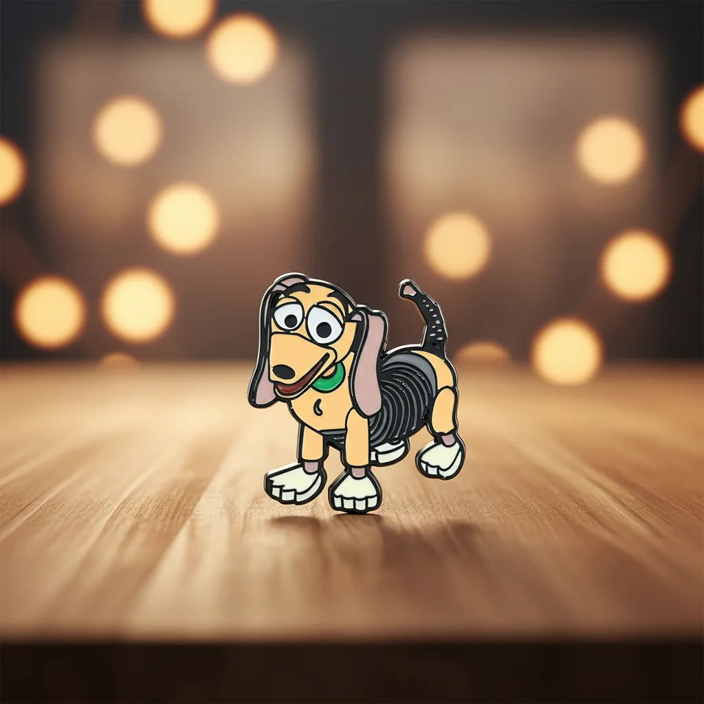 Pin Metálico Slinky Dog - Lifestyle bokeh madera